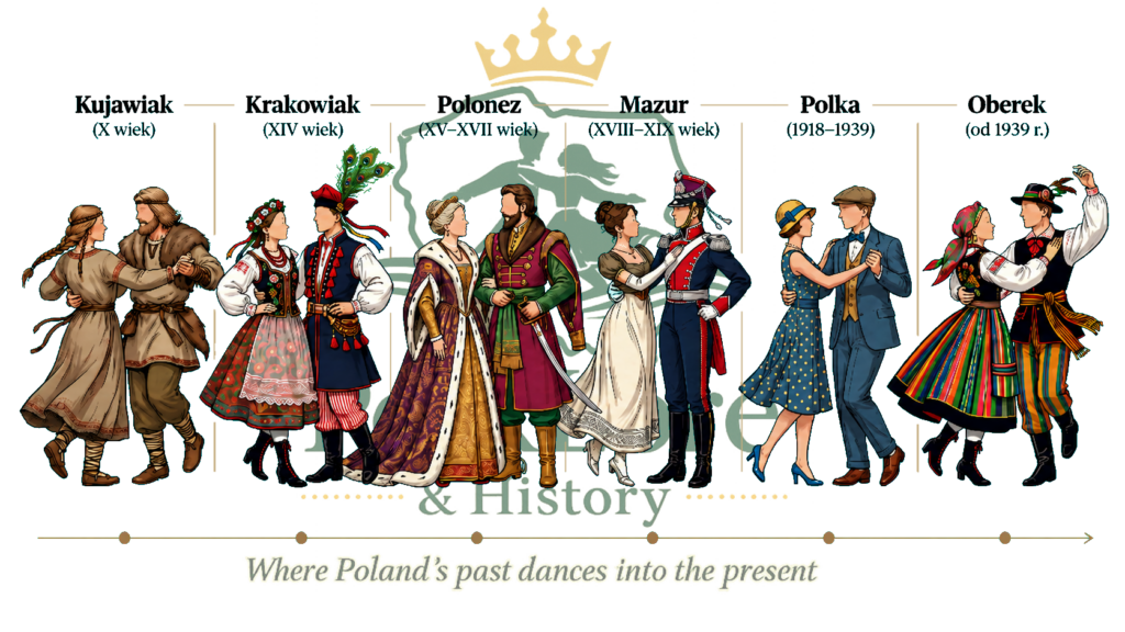 PolkLore timeline showing six dance chapters across one thousand years of Polish history