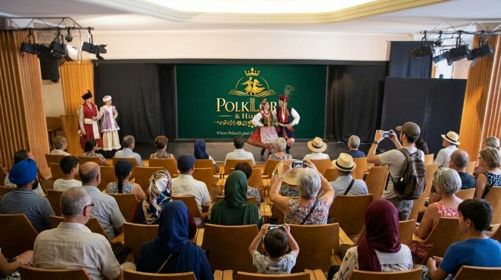 Live dancers in traditional Polish costumes performing at PolkLore in Warsaw